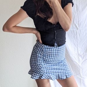 Nasty Gal blue gingham mini ruched skirt